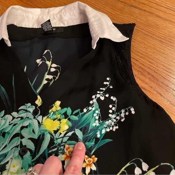 ALFANI PETITE Black Green Floral White? Collar Lace Sleeveless Button Blouse Top - Picture 15 of 16